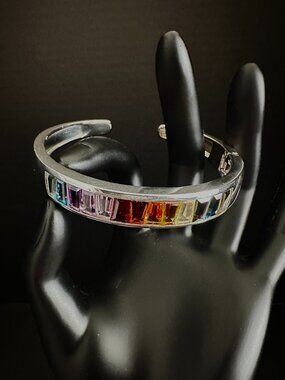 925 Sterling Silver Rainbow Baguette Cuff Bracelet | Multicolor Gemstone
